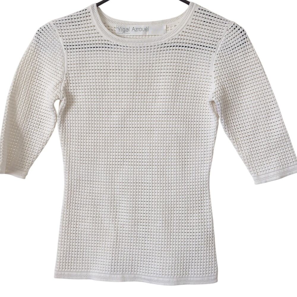 Yigal Azroul Knit Top Womens‎ XS/S White Open Mesh Perforated 1/2 Sleeve Bodycon